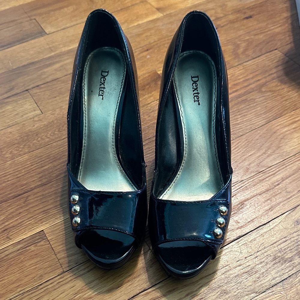Dexter Black Patent Peep Toe Heels